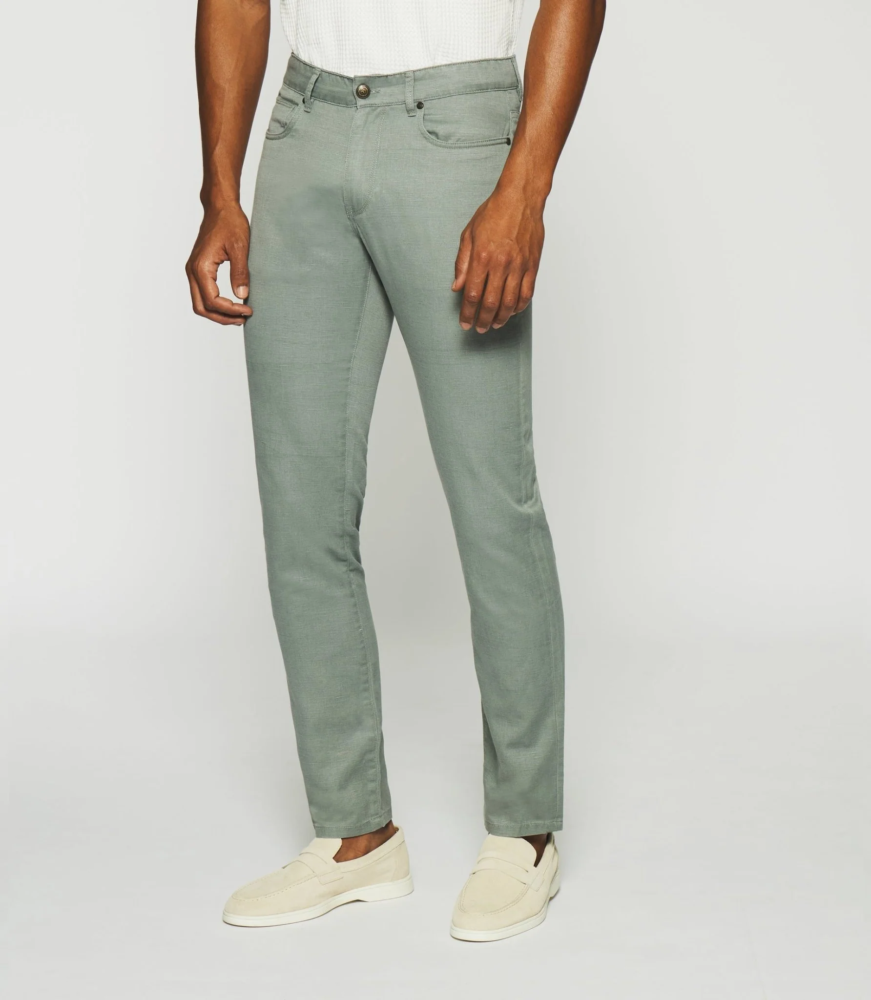 Pantalon slim kaki 5 poches en coton lin PASTEL