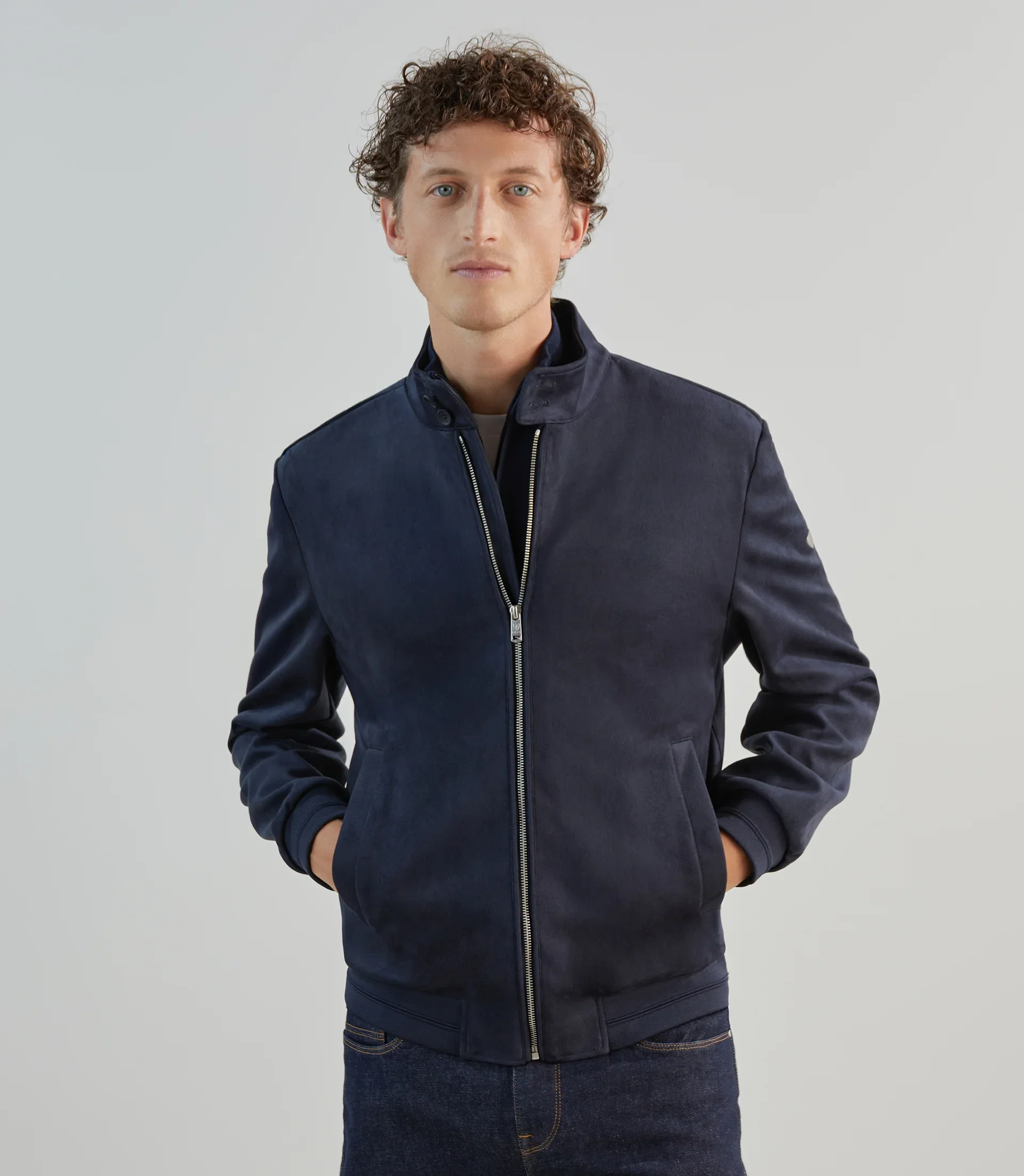 Blouson col montant en suède marine