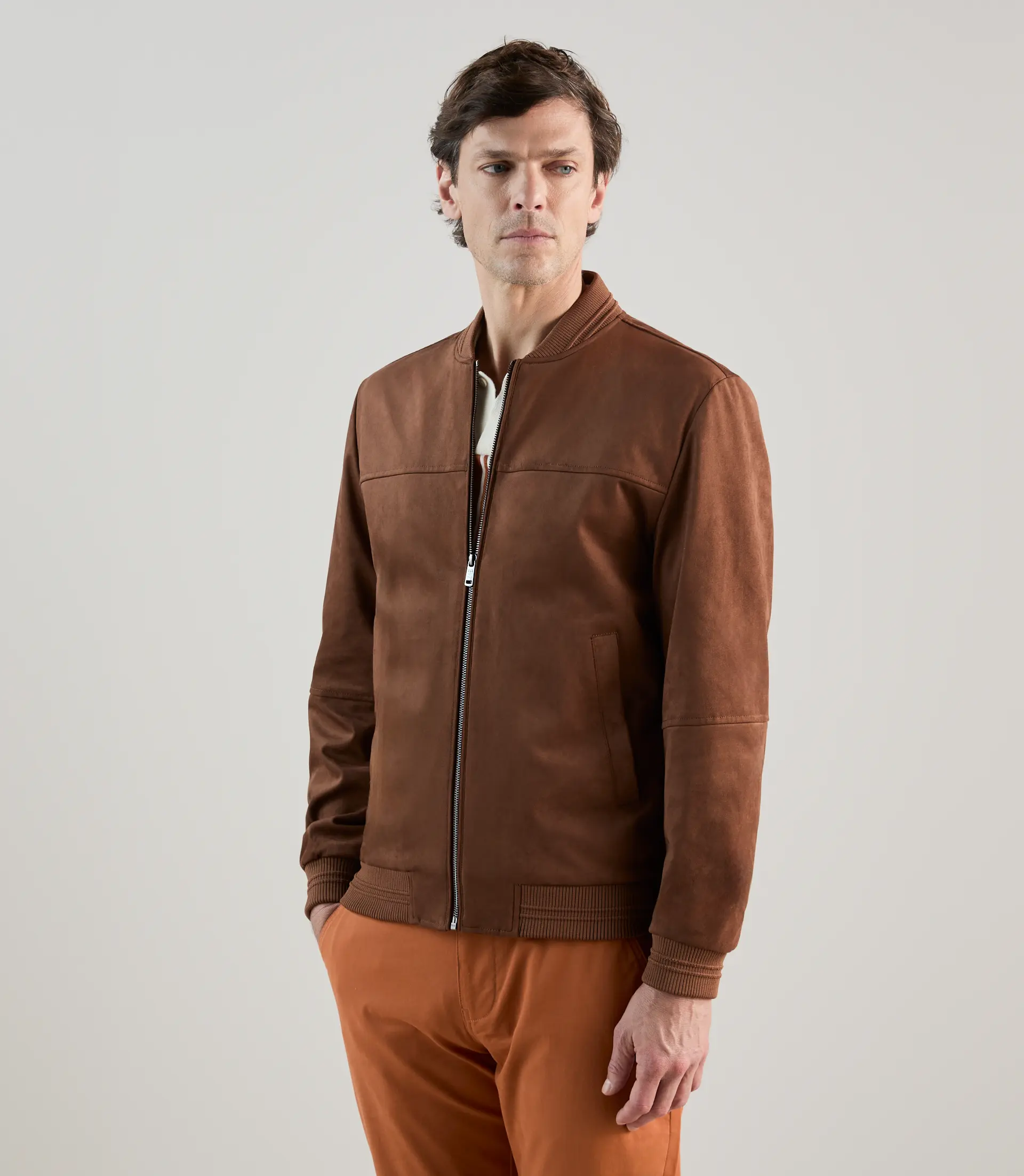 Blouson col teddy en suède marron