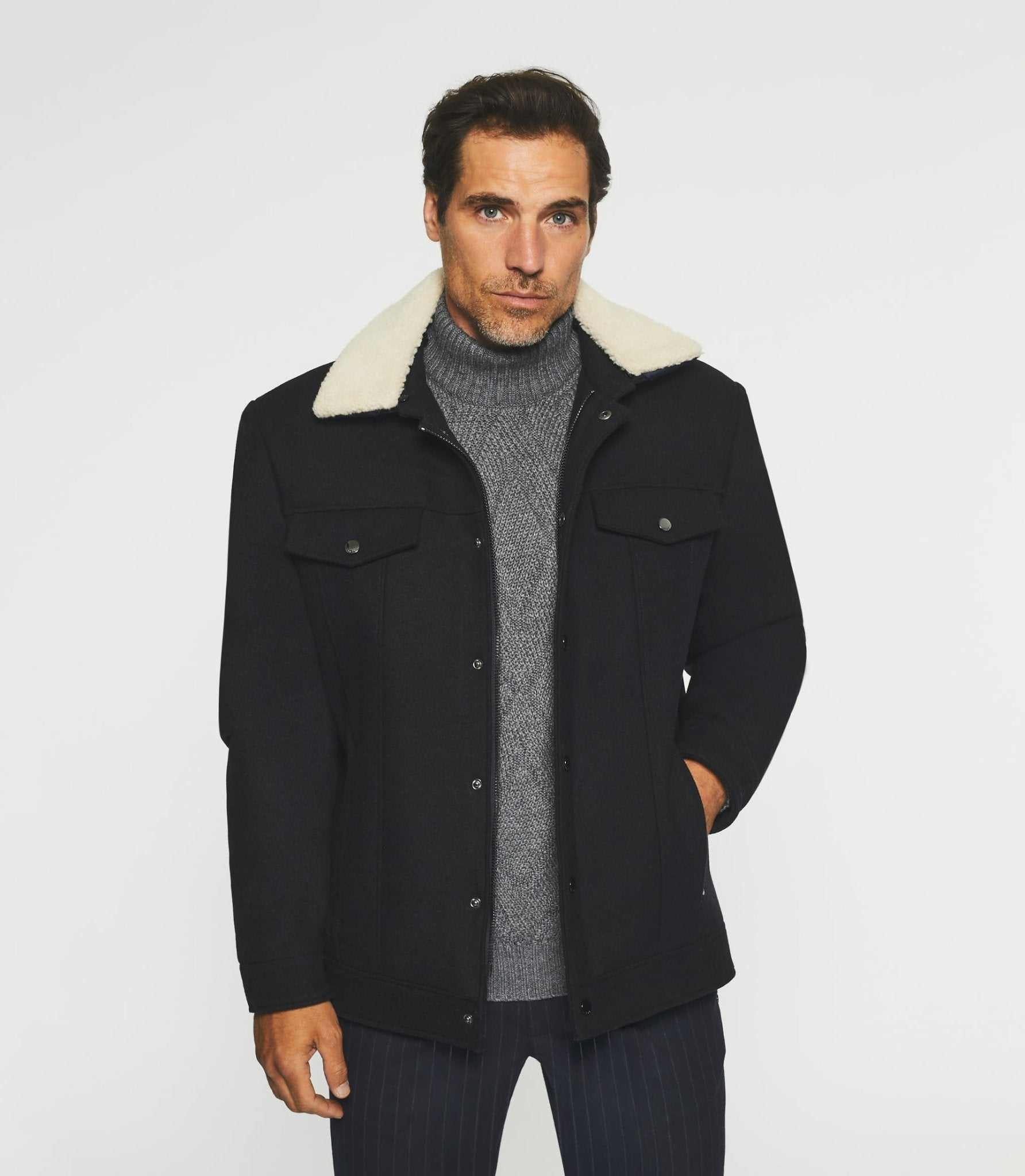 Blouson en laine à col amovible marine MAUREEN - Image 4