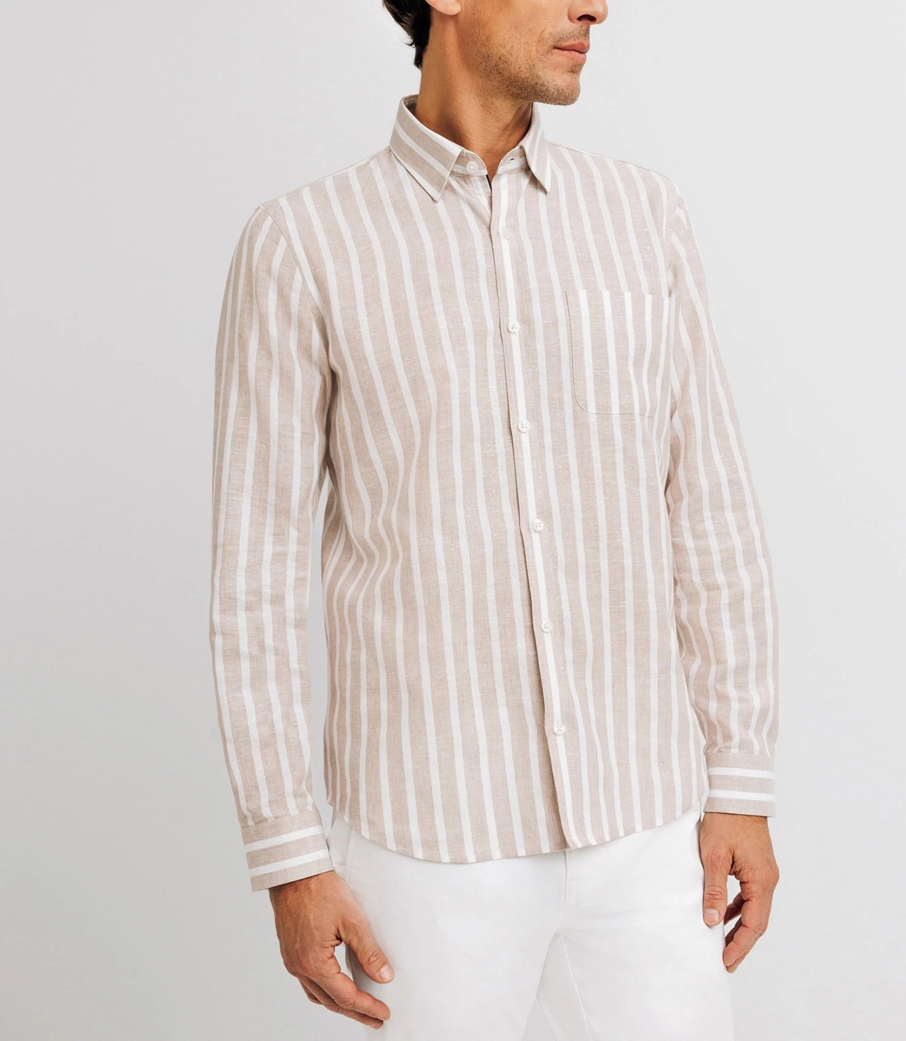 Chemise casual rayée beige et blanche - Image 2