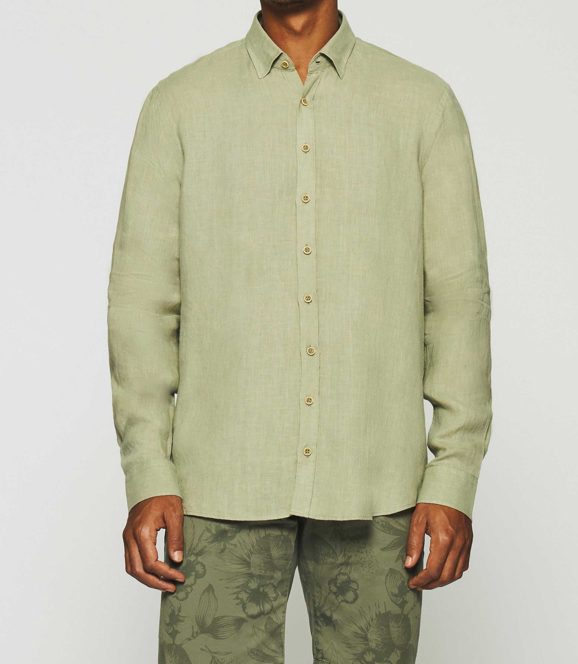 Chemise unie en lin kaki KISS - Image 2