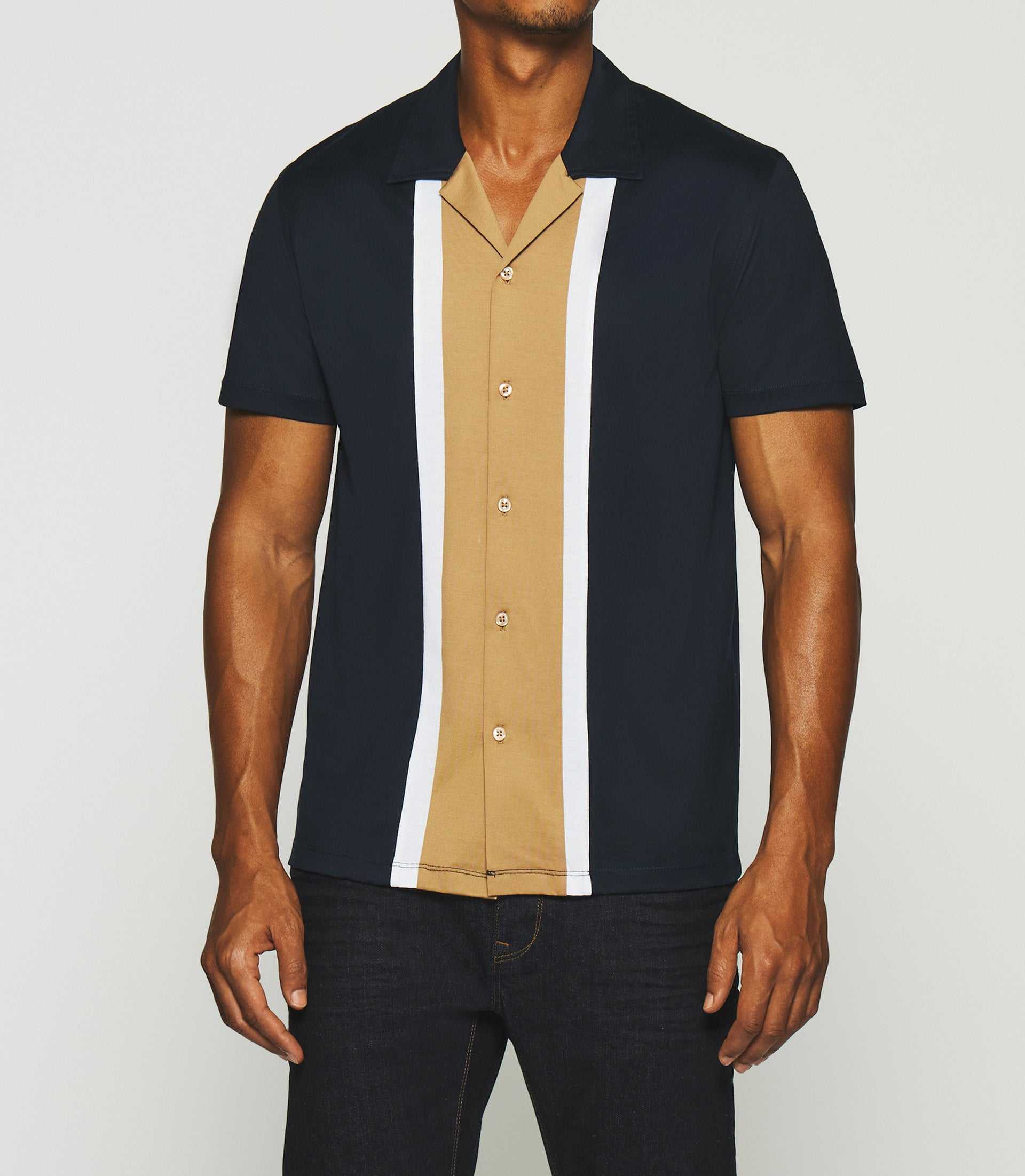 Chemise manches courtes en jersey marine et camel KAMI - Image 2