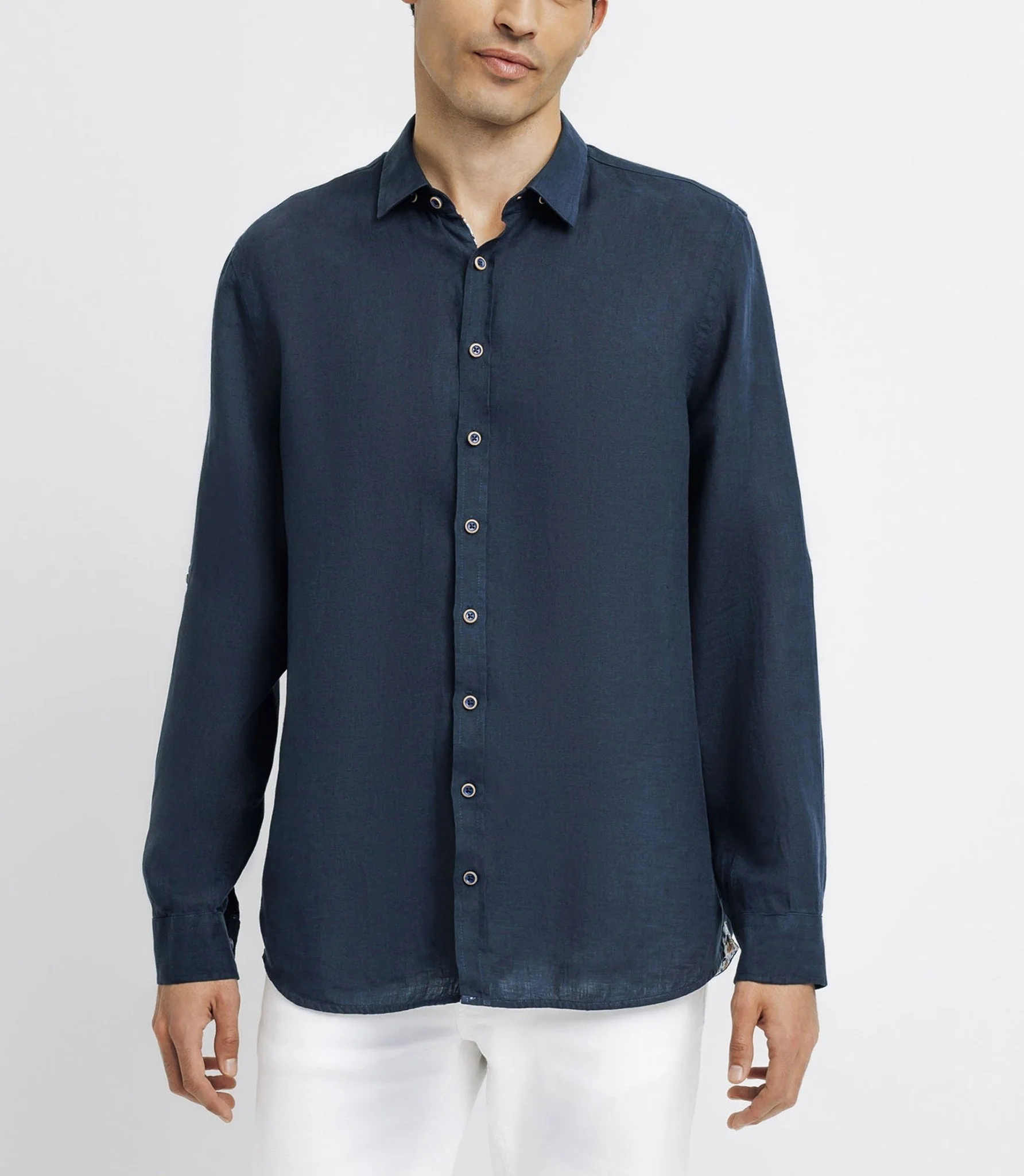 Chemise unie en lin marine - Image 4