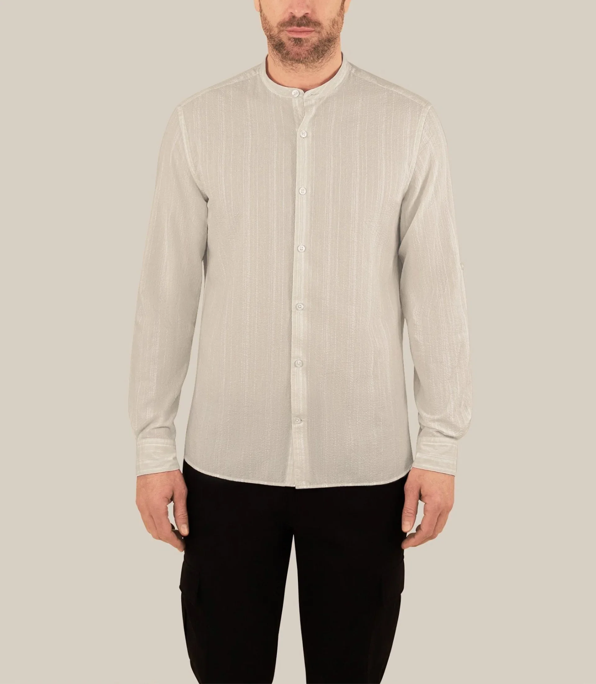 Chemise rayée col mao 100% coton écru
