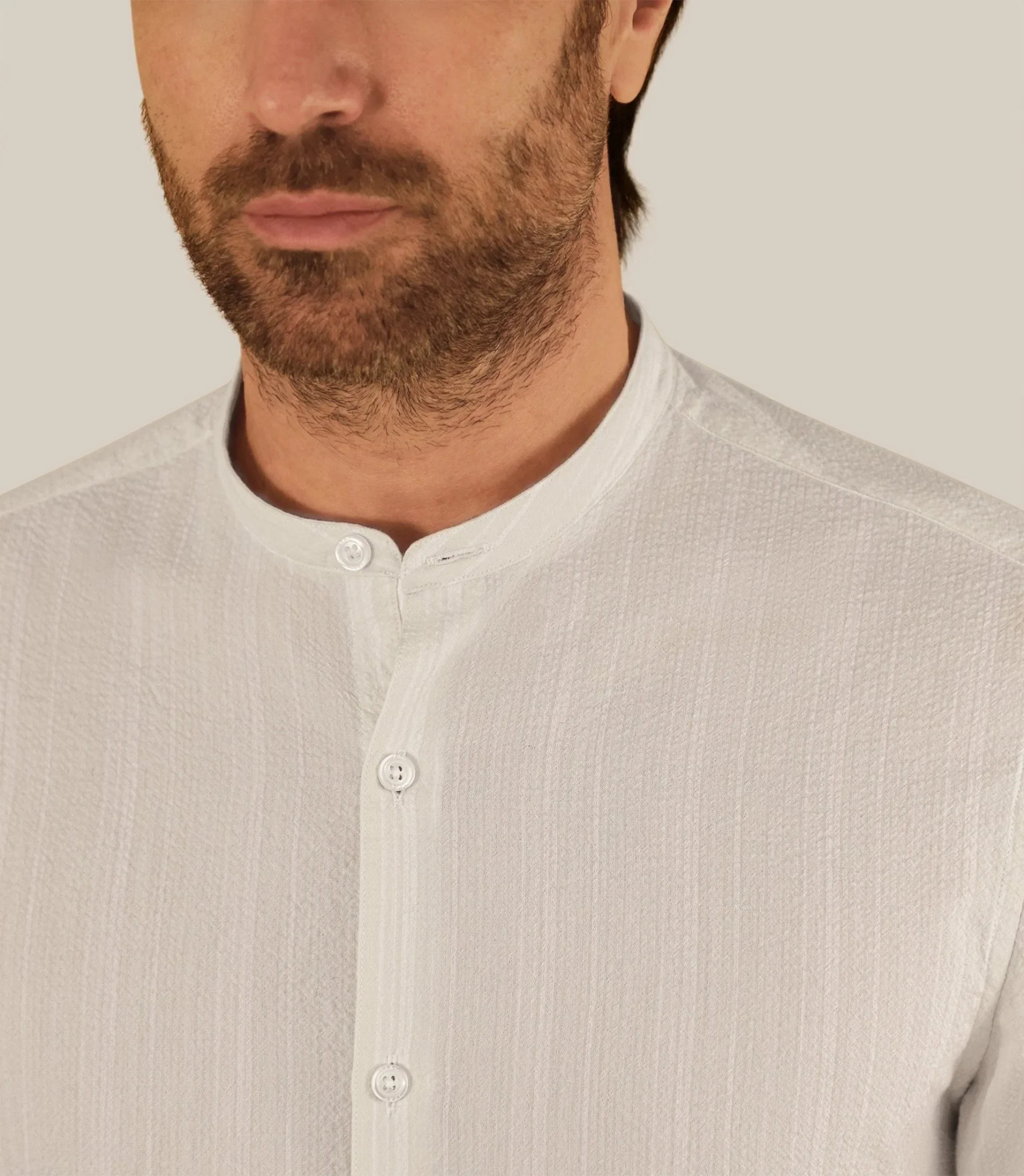 Chemise rayée col mao 100% coton écru - Image 2