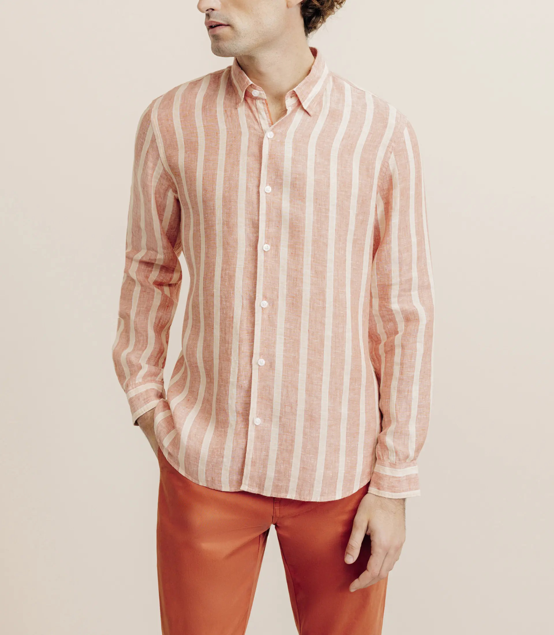 Chemise rayée 100% lin orange