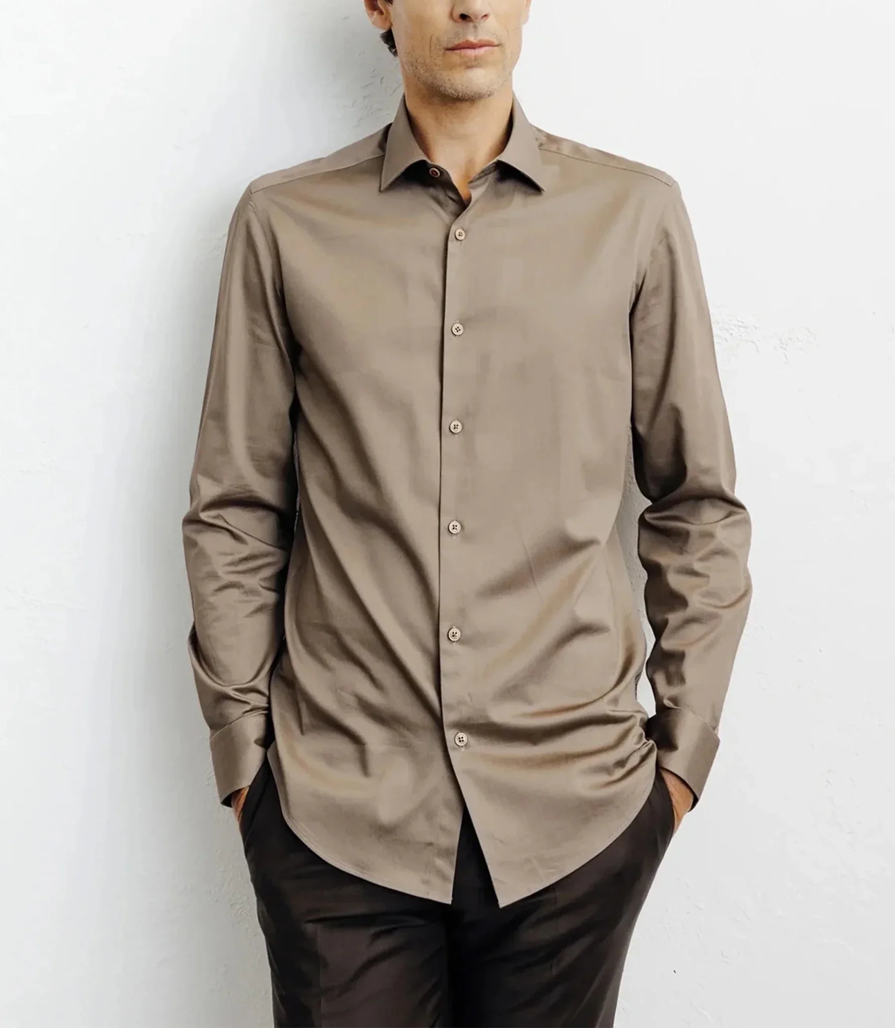 Chemise ville en satin de coton châtain - Image 5