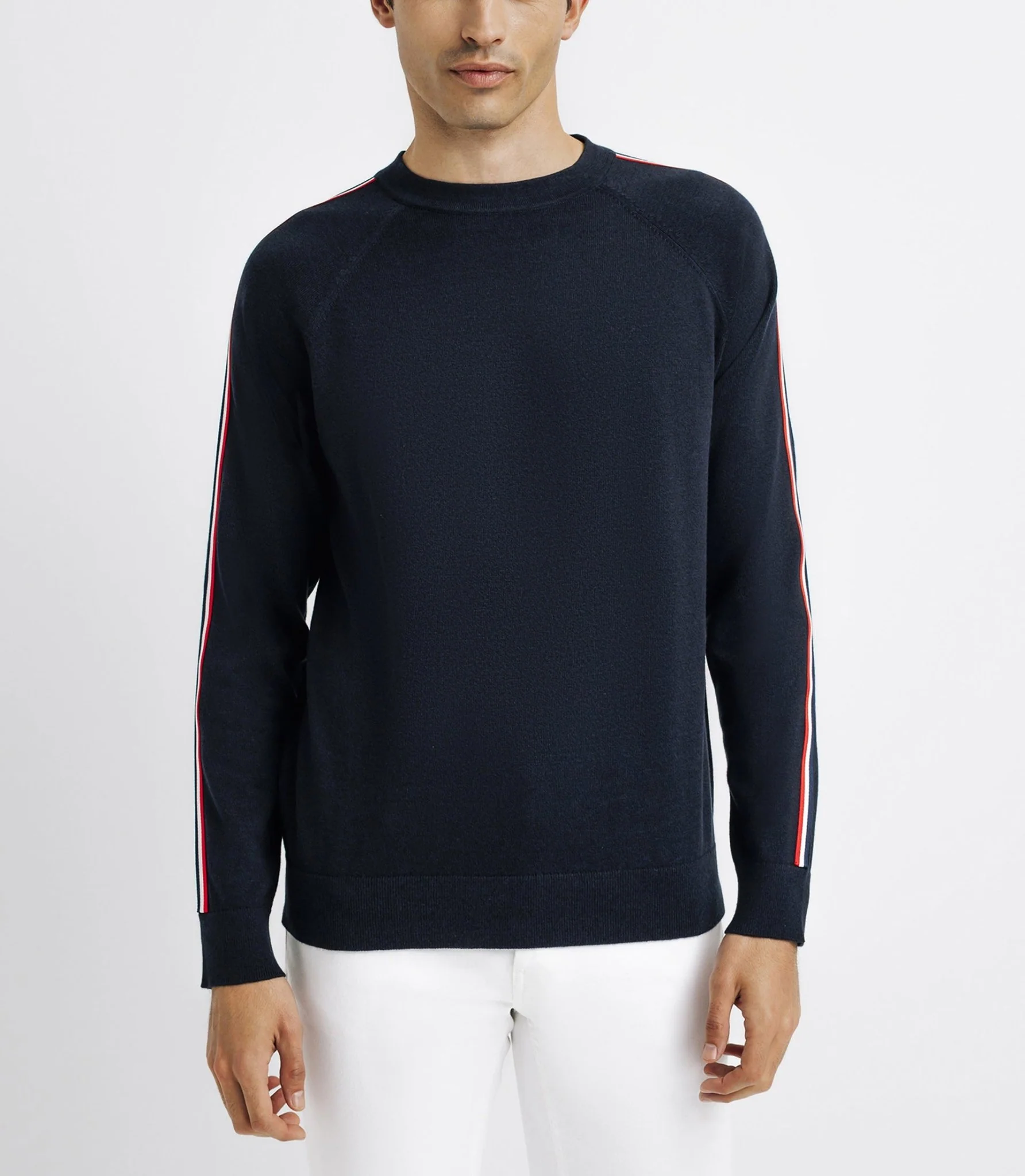 Pull col rond avec bande tricolore marine