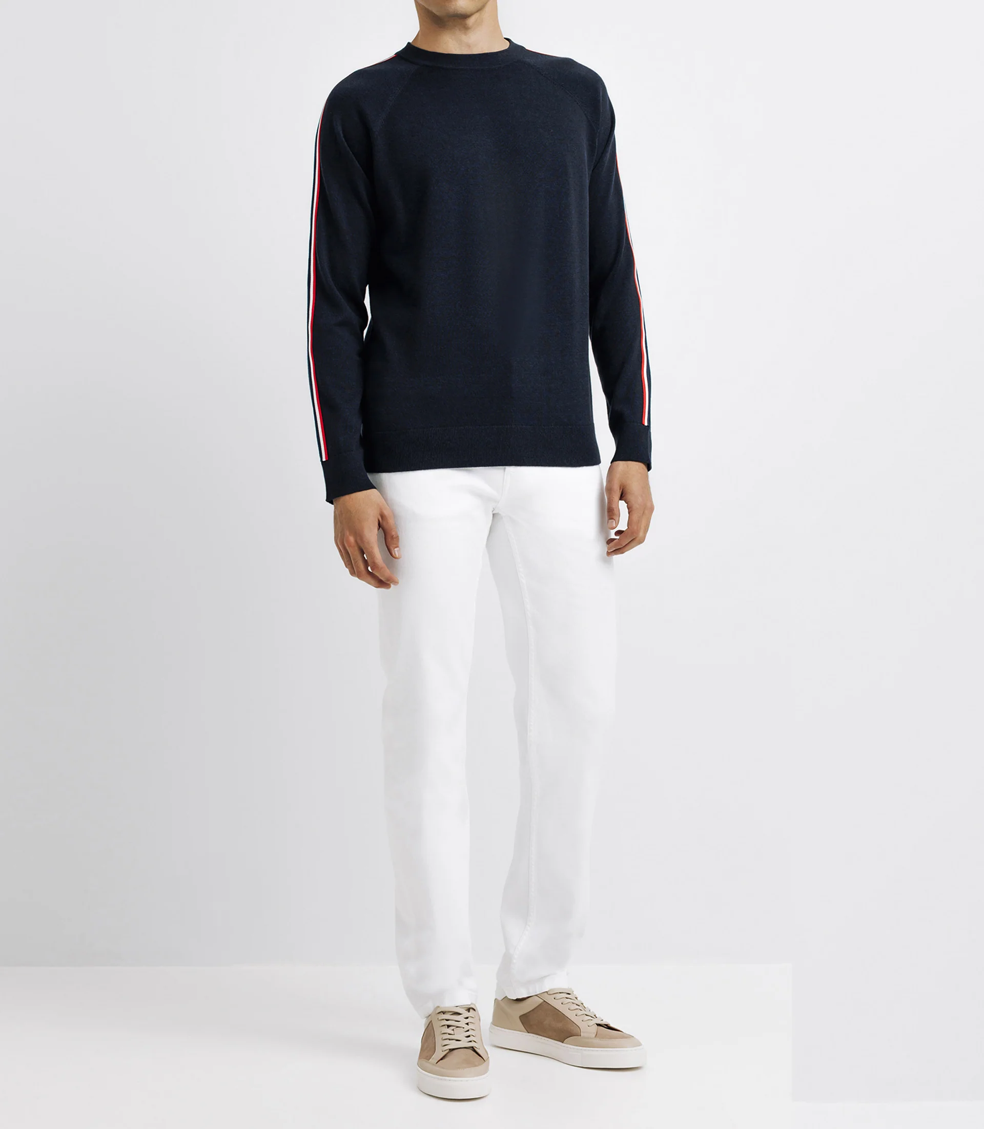 Pull col rond avec bande tricolore marine - Image 2