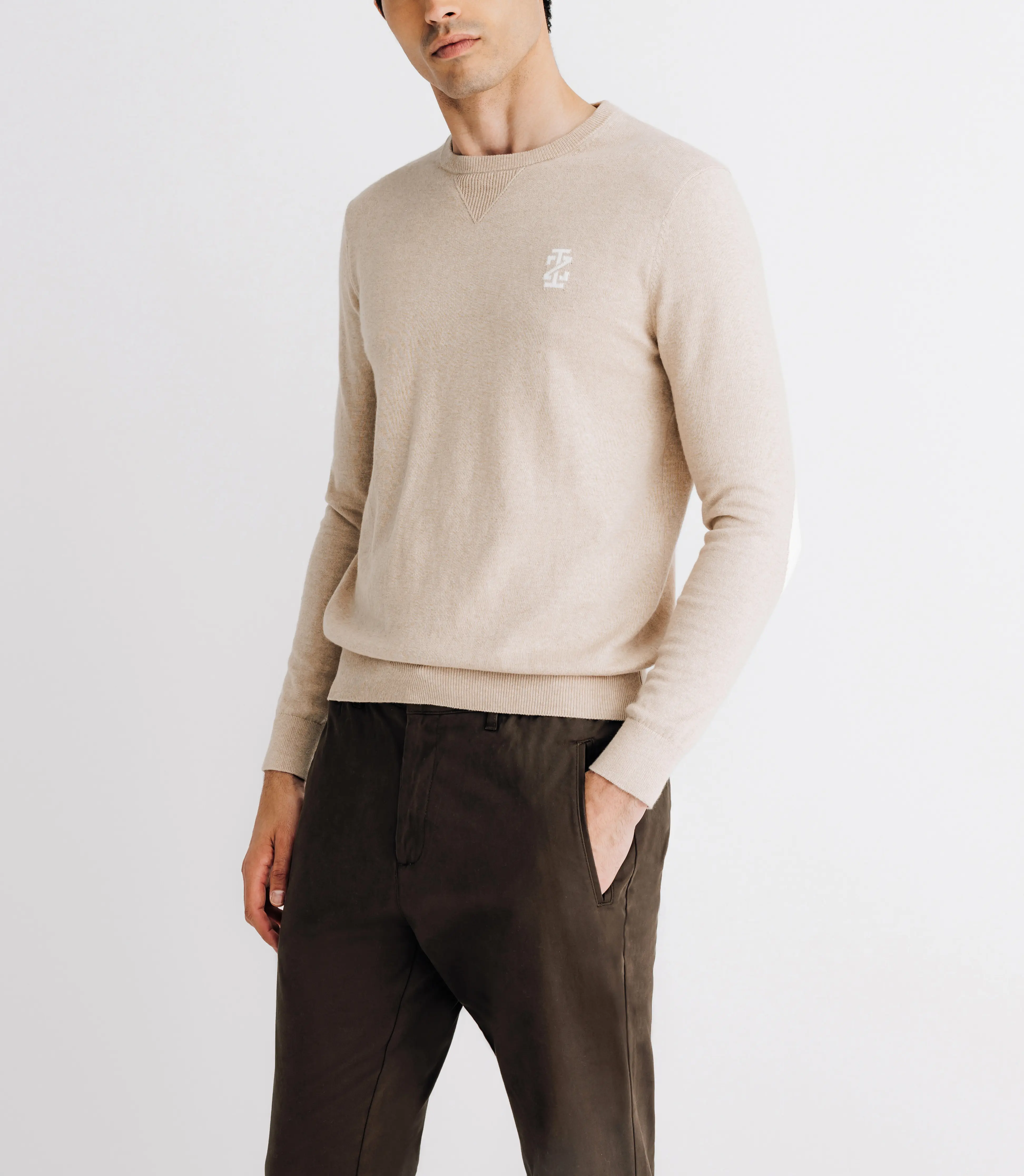 Pull col rond coton/cachemire à coudières beige