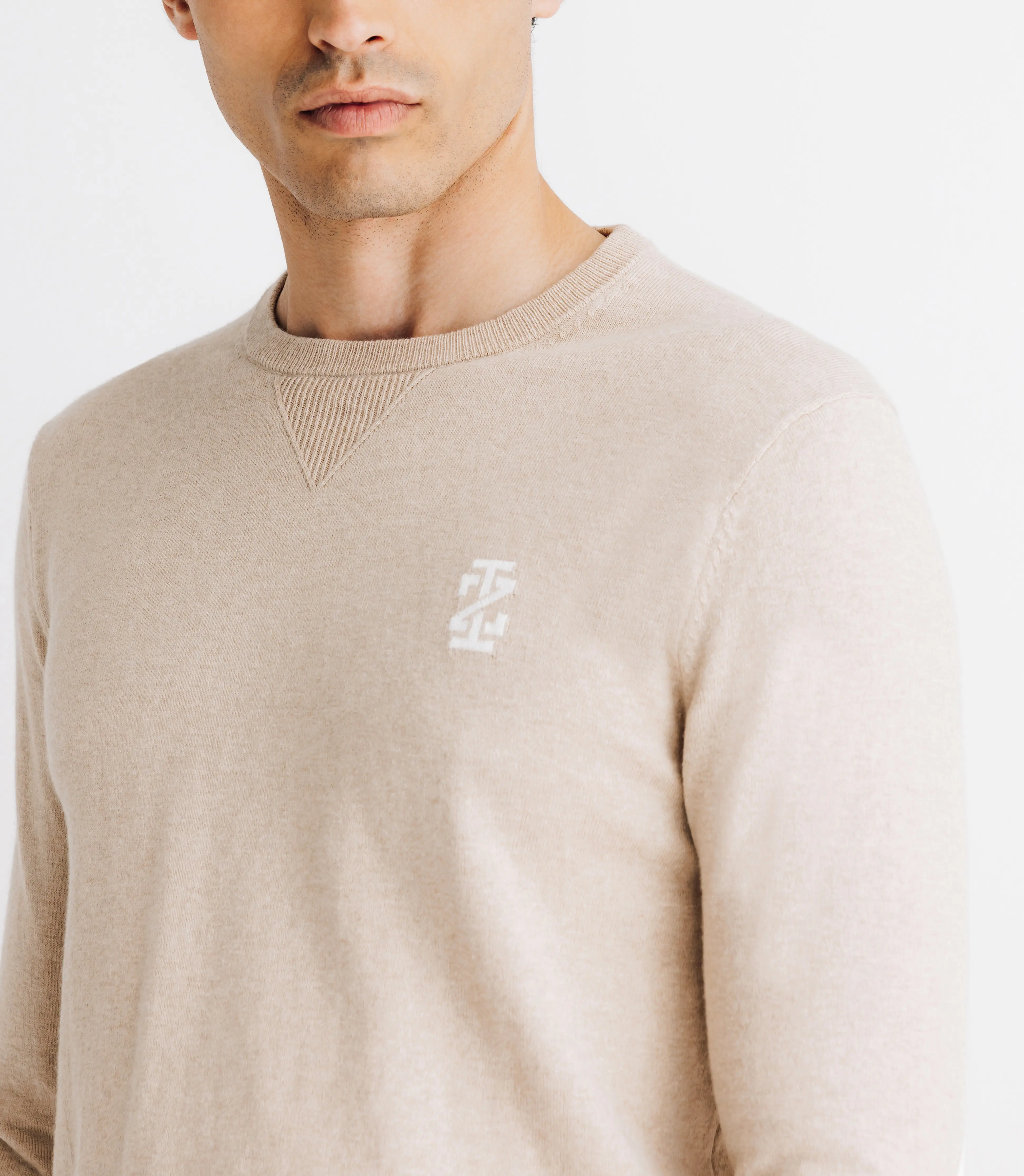 Pull col rond coton/cachemire à coudières beige - Image 2