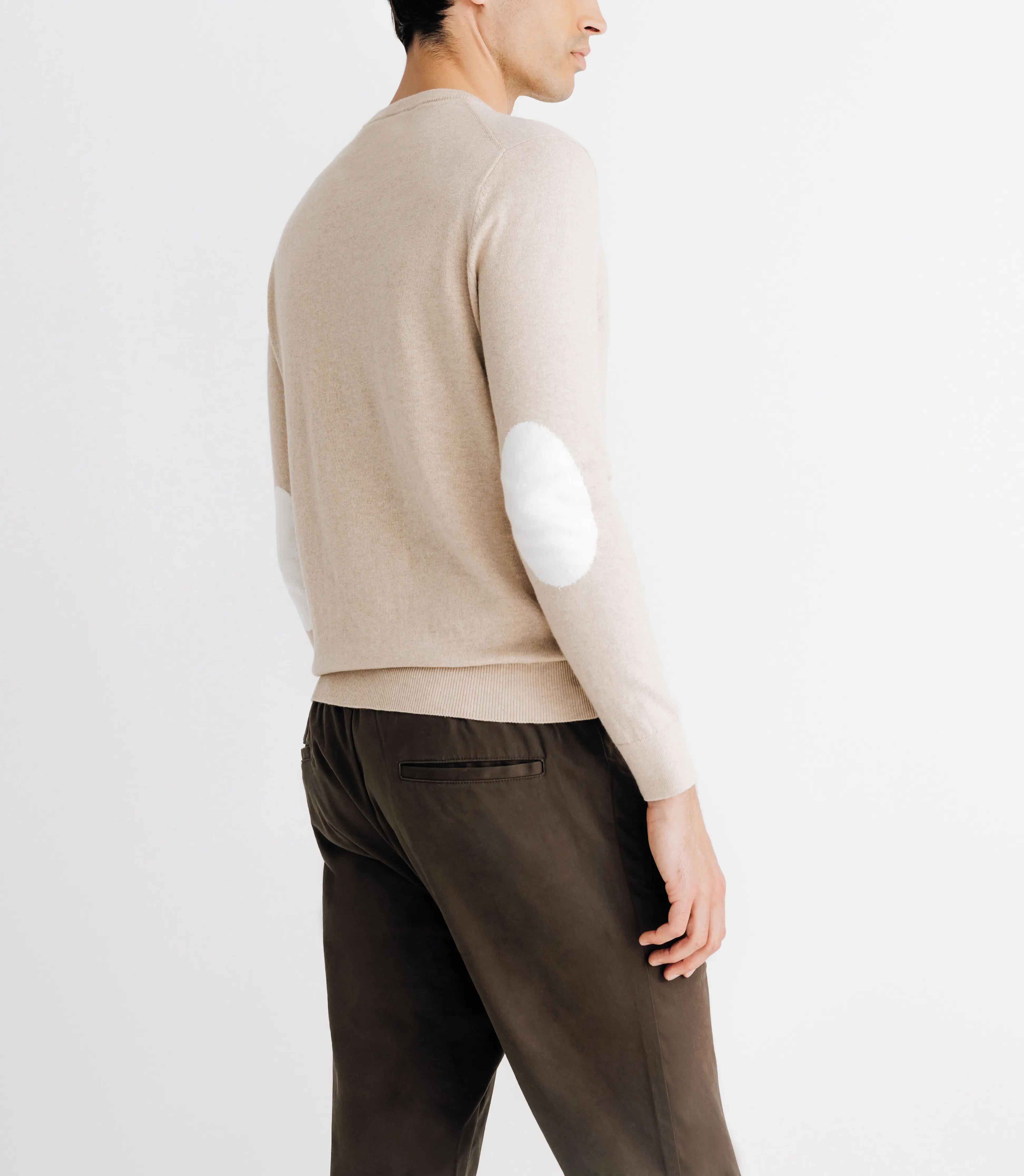 Pull col rond coton/cachemire à coudières beige - Image 4