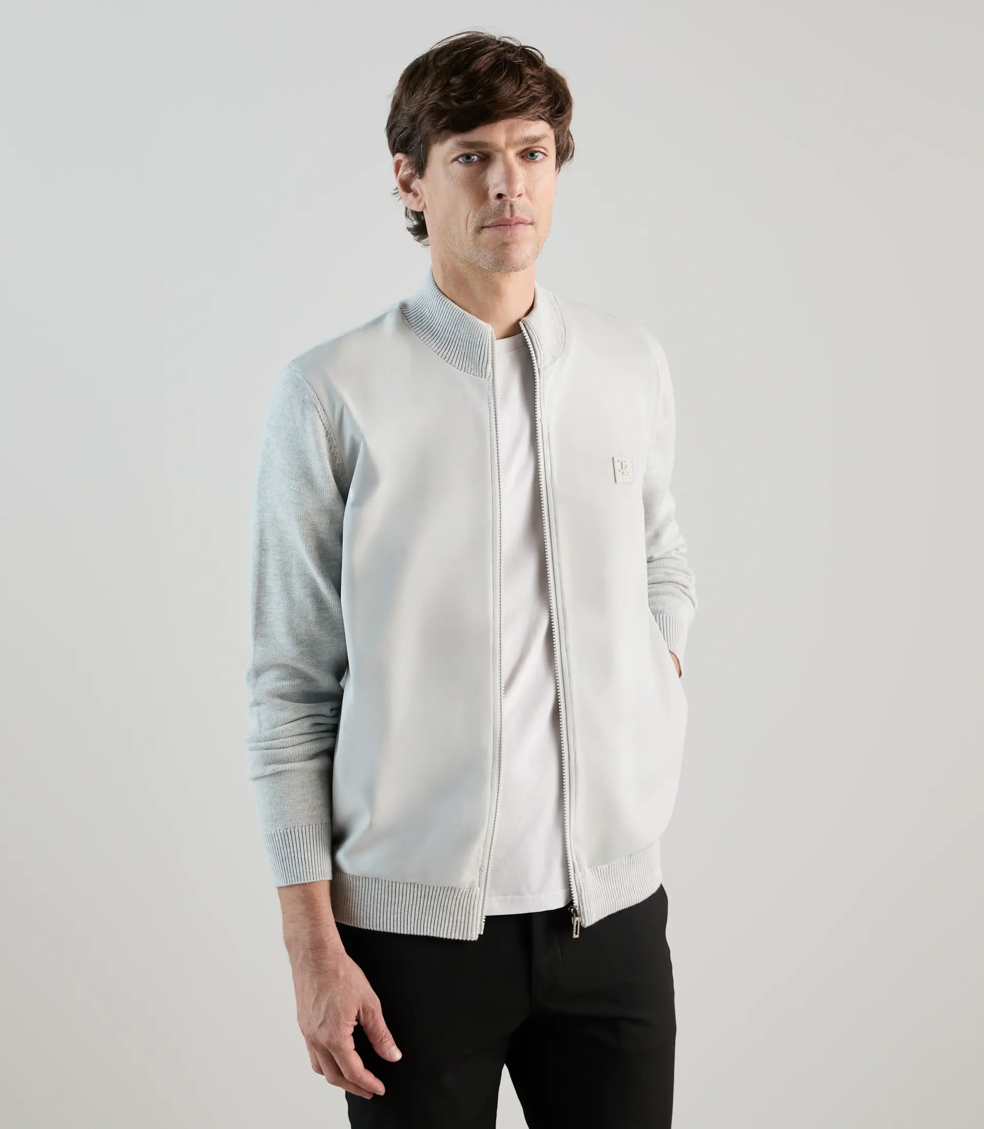 Gilet col montant bi-matière gris perle