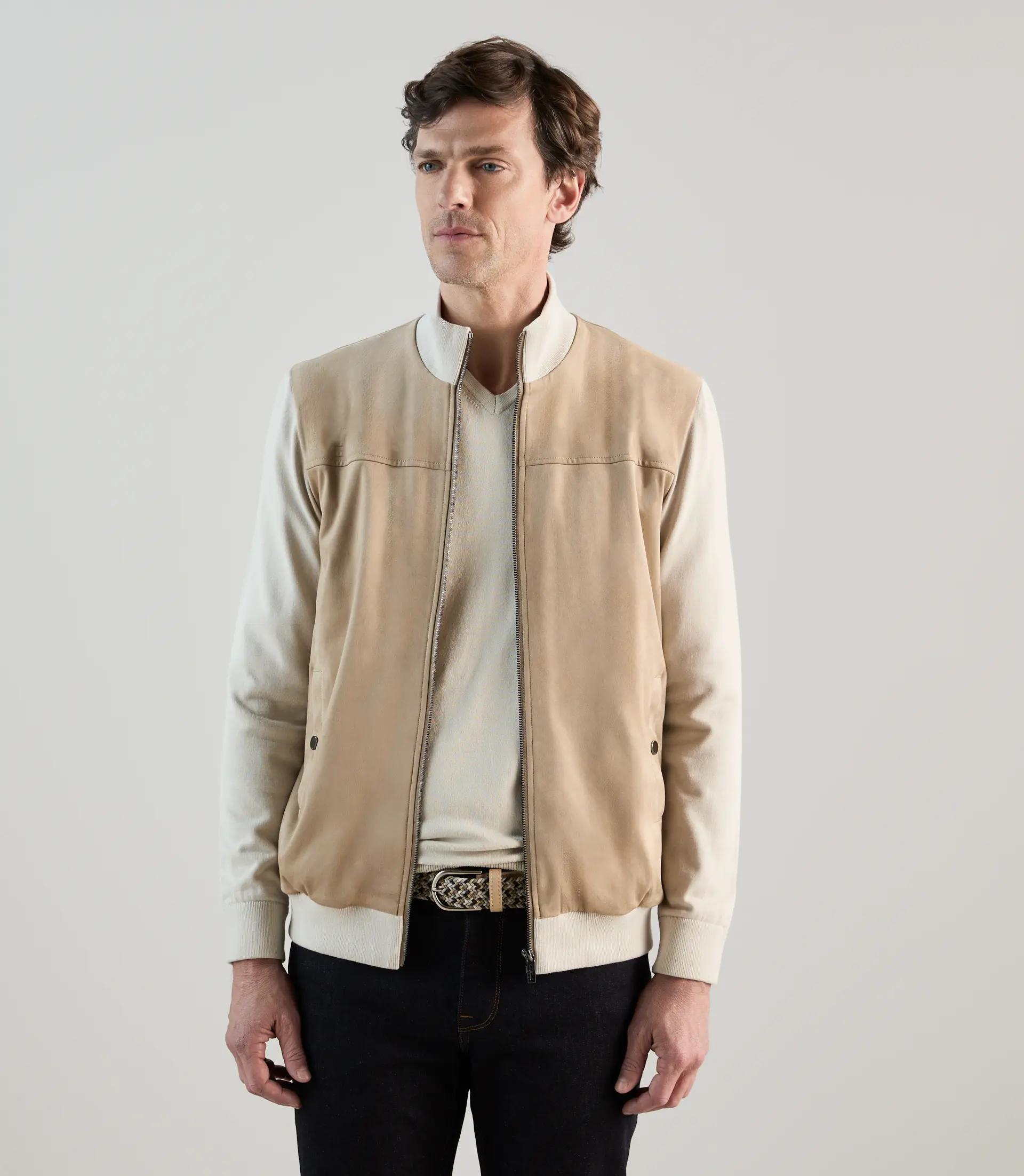 Gilet zip bi-matière beige