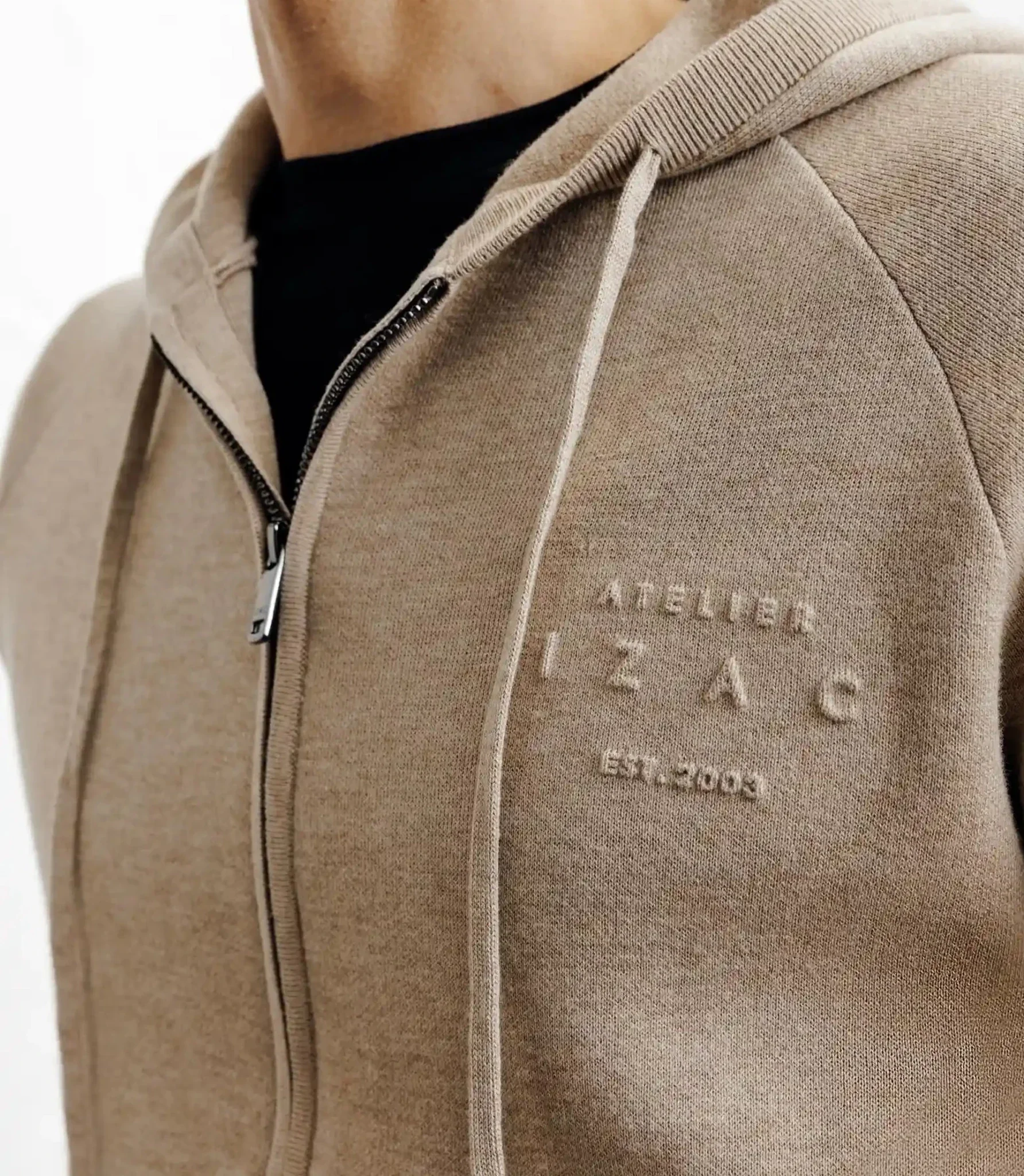 Hoodie zippé à capuche en maille beige - Image 3