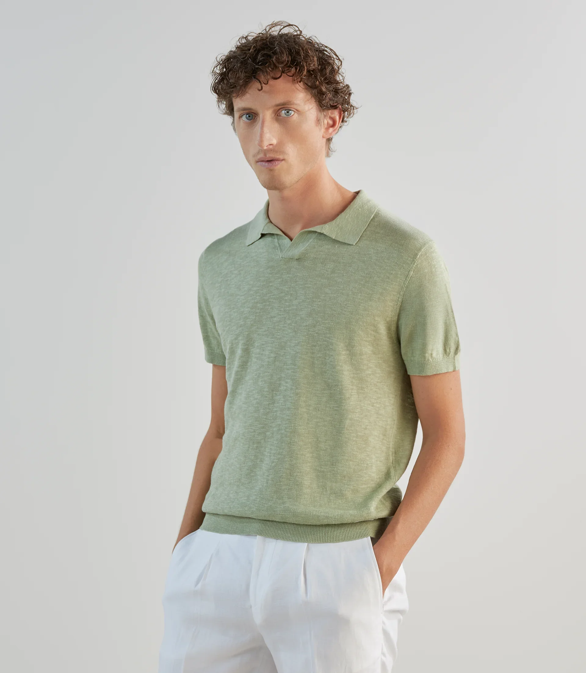 Polo à col ouvert en maille kaki clair