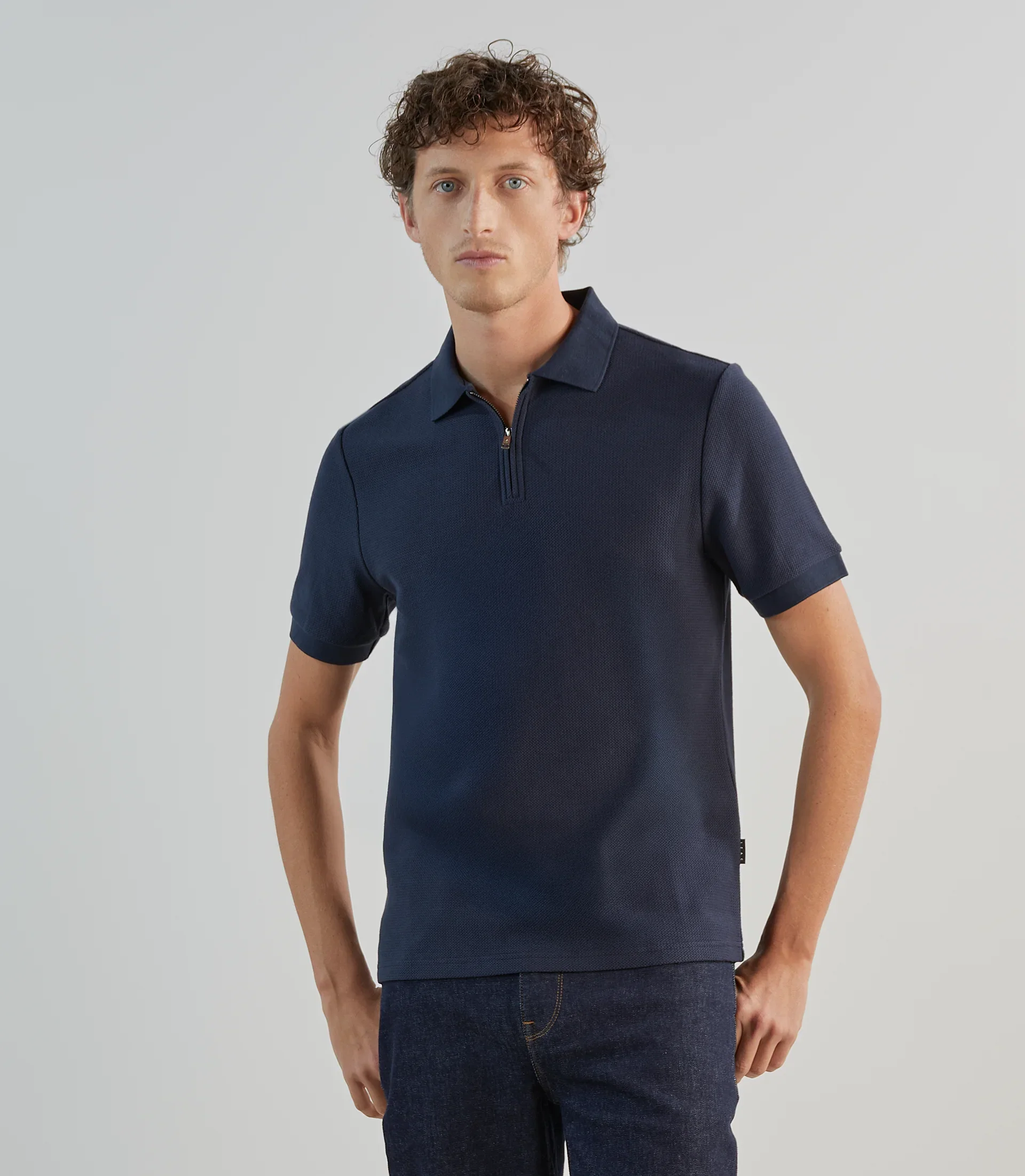 Polo col zip en jeu de points marine