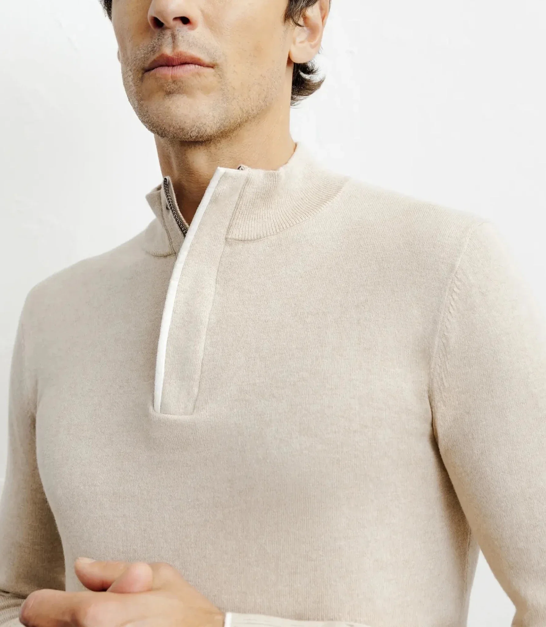 Pull col montant demi zippé beige - Image 2