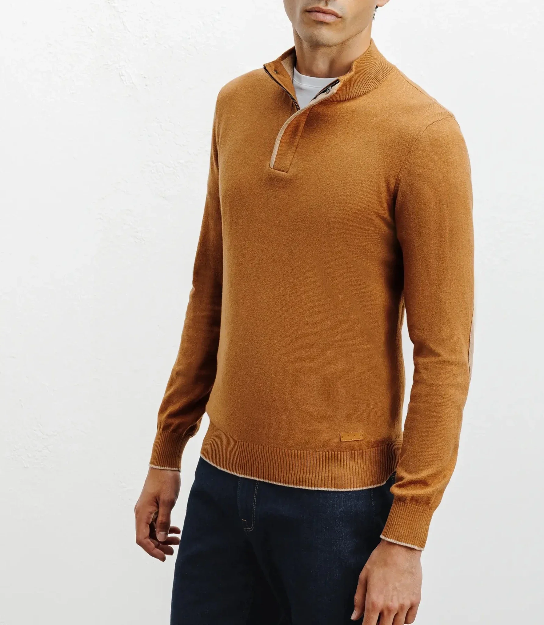 Pull col montant demi zippé camel foncé