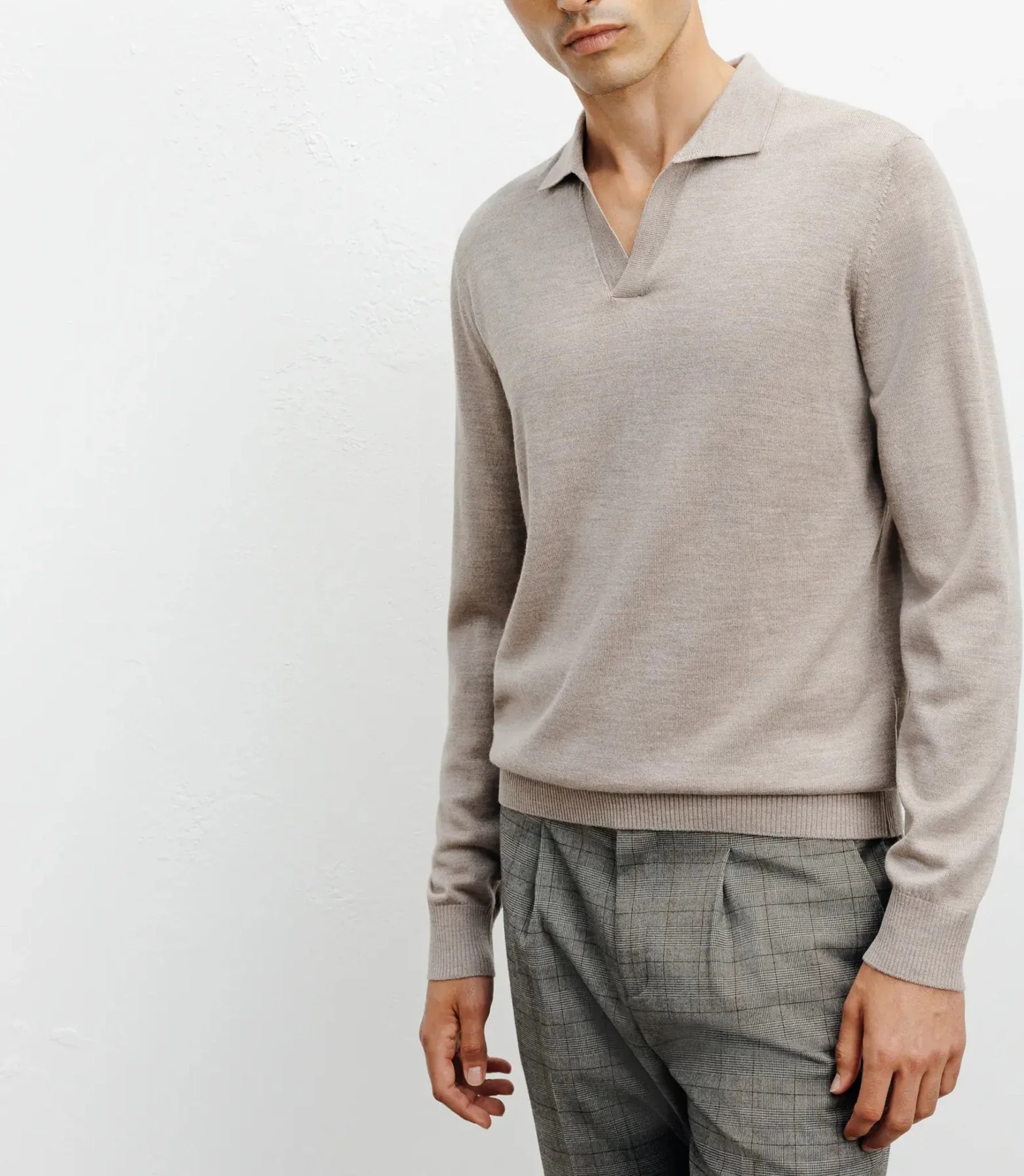Pull col polo en laine mérinos beige