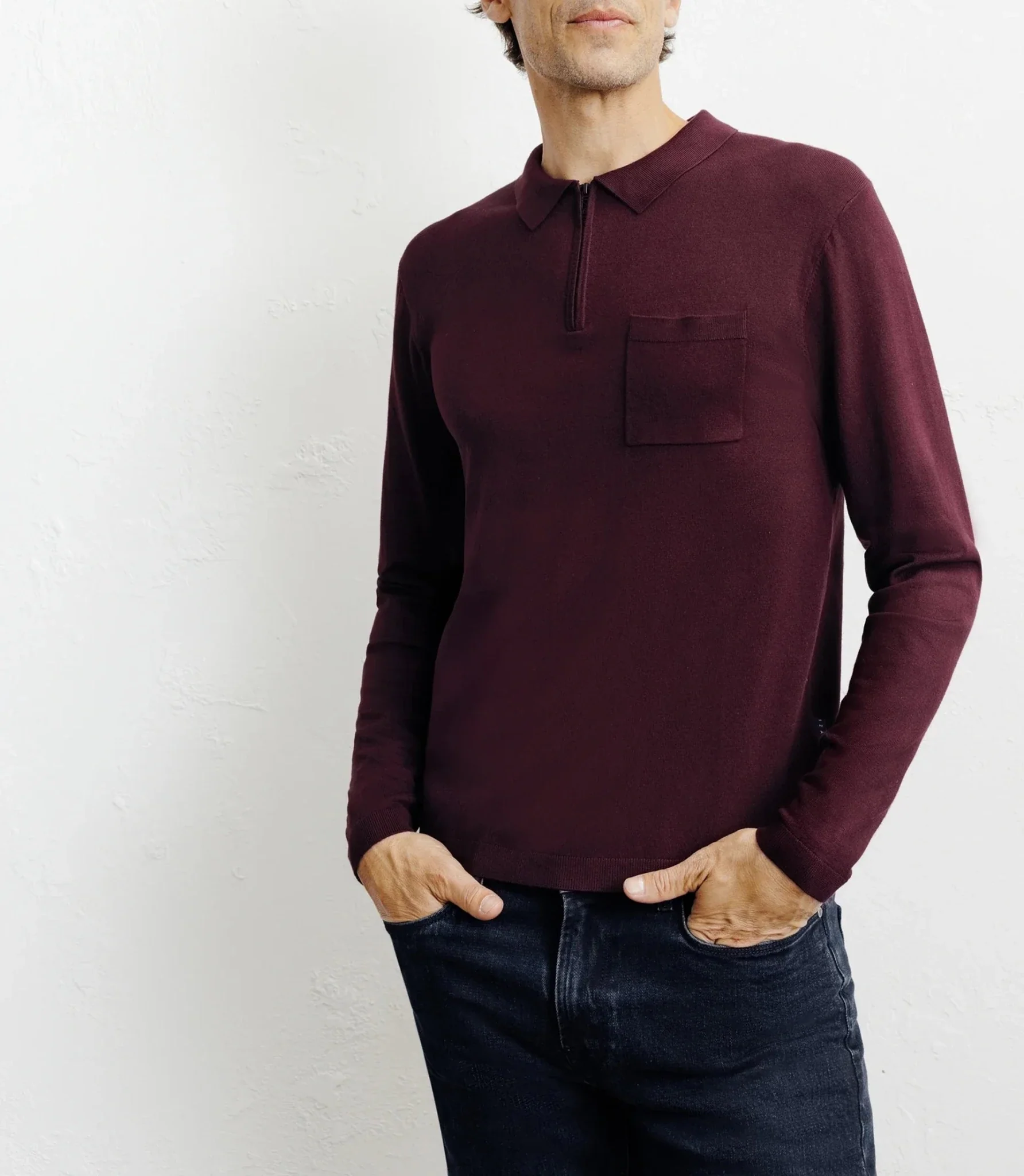 Pull col polo zippé en maille fine bordeaux foncé