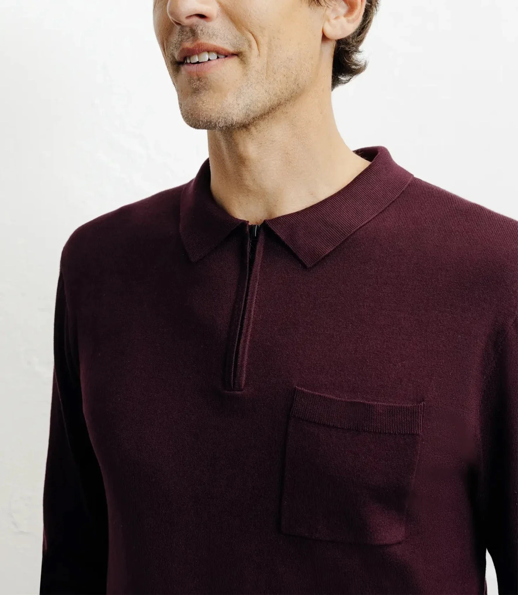 Pull col polo zippé en maille fine bordeaux foncé - Image 2