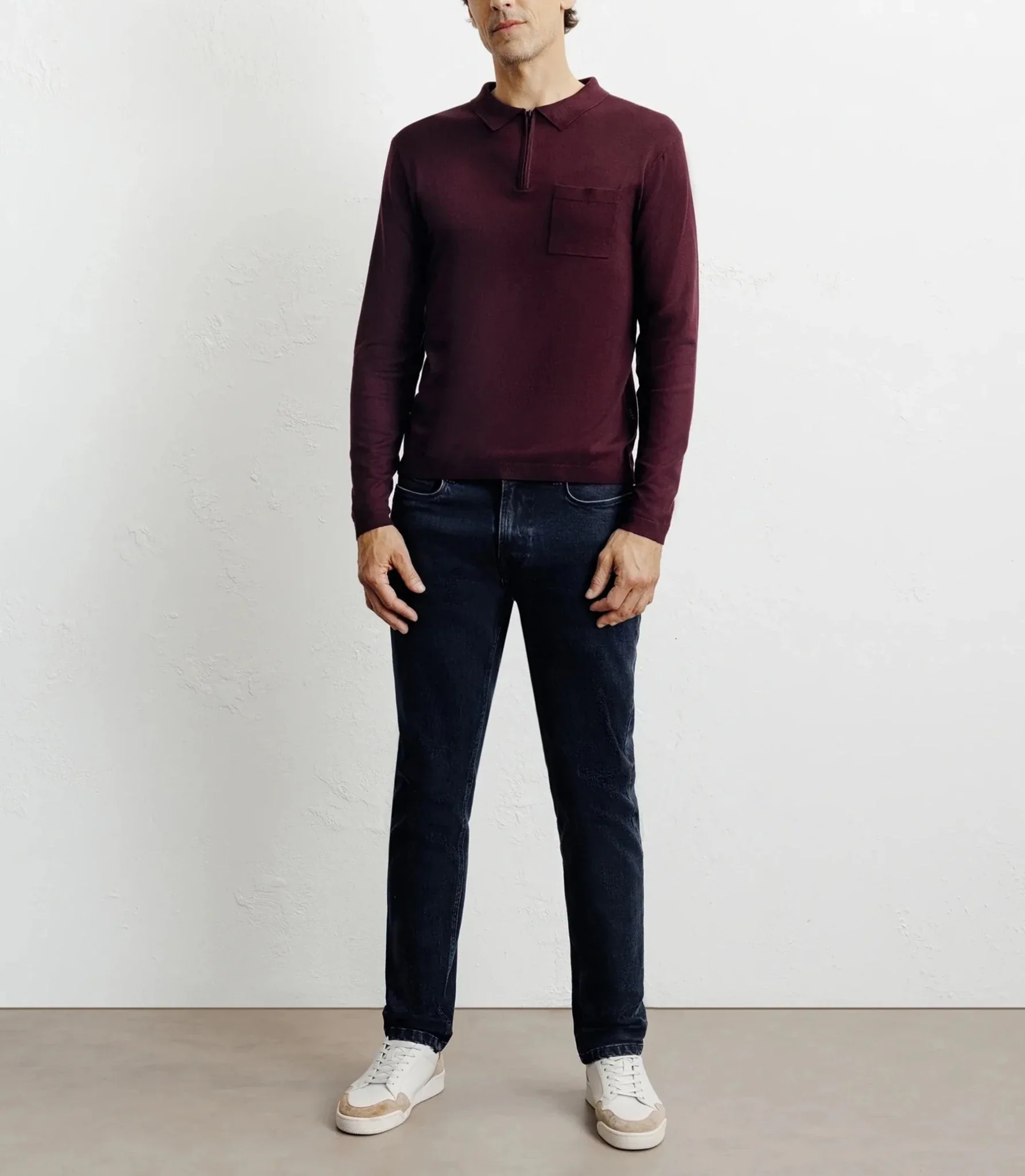 Pull col polo zippé en maille fine bordeaux foncé - Image 3