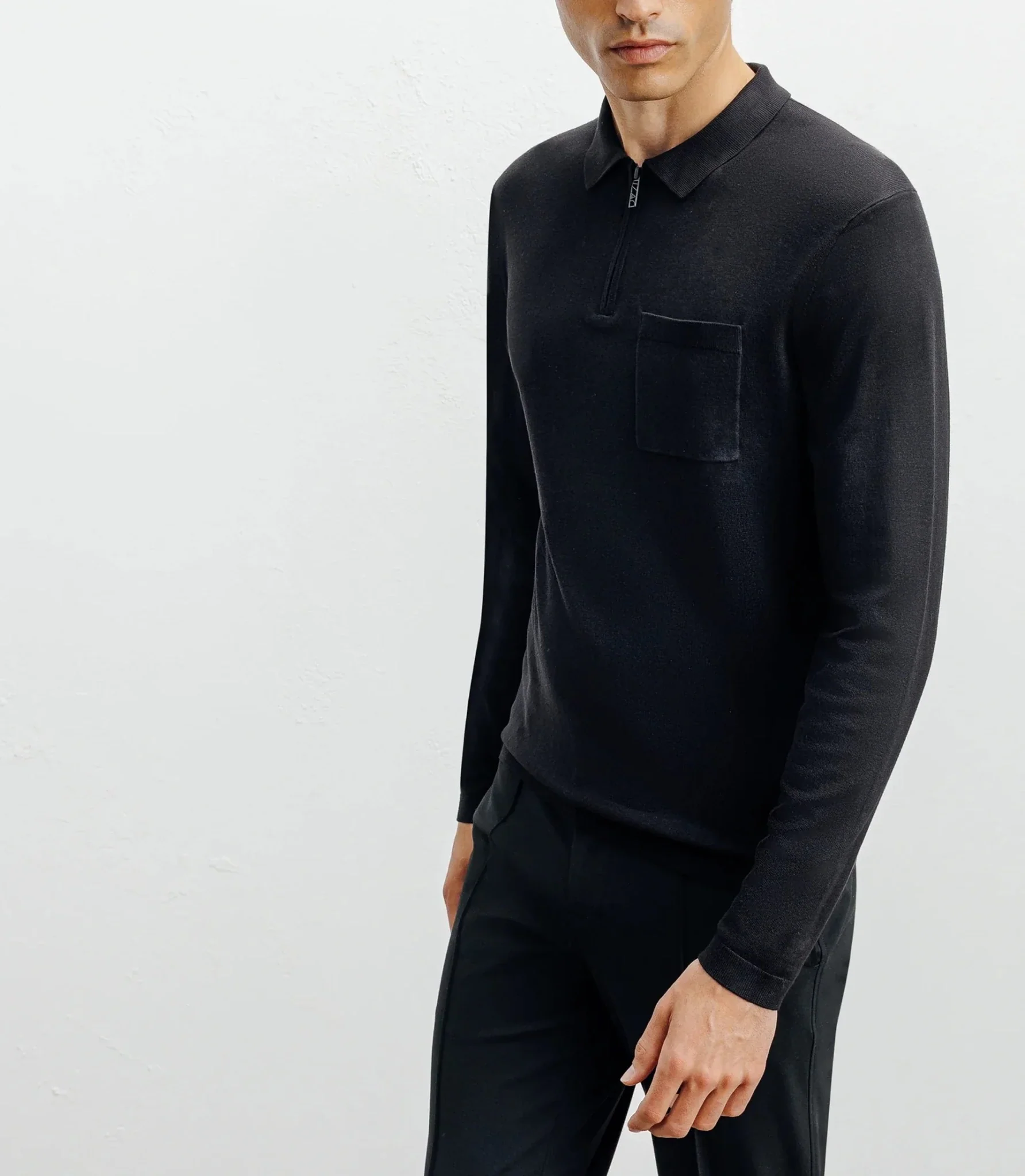 Pull col polo zippé en maille fine noir