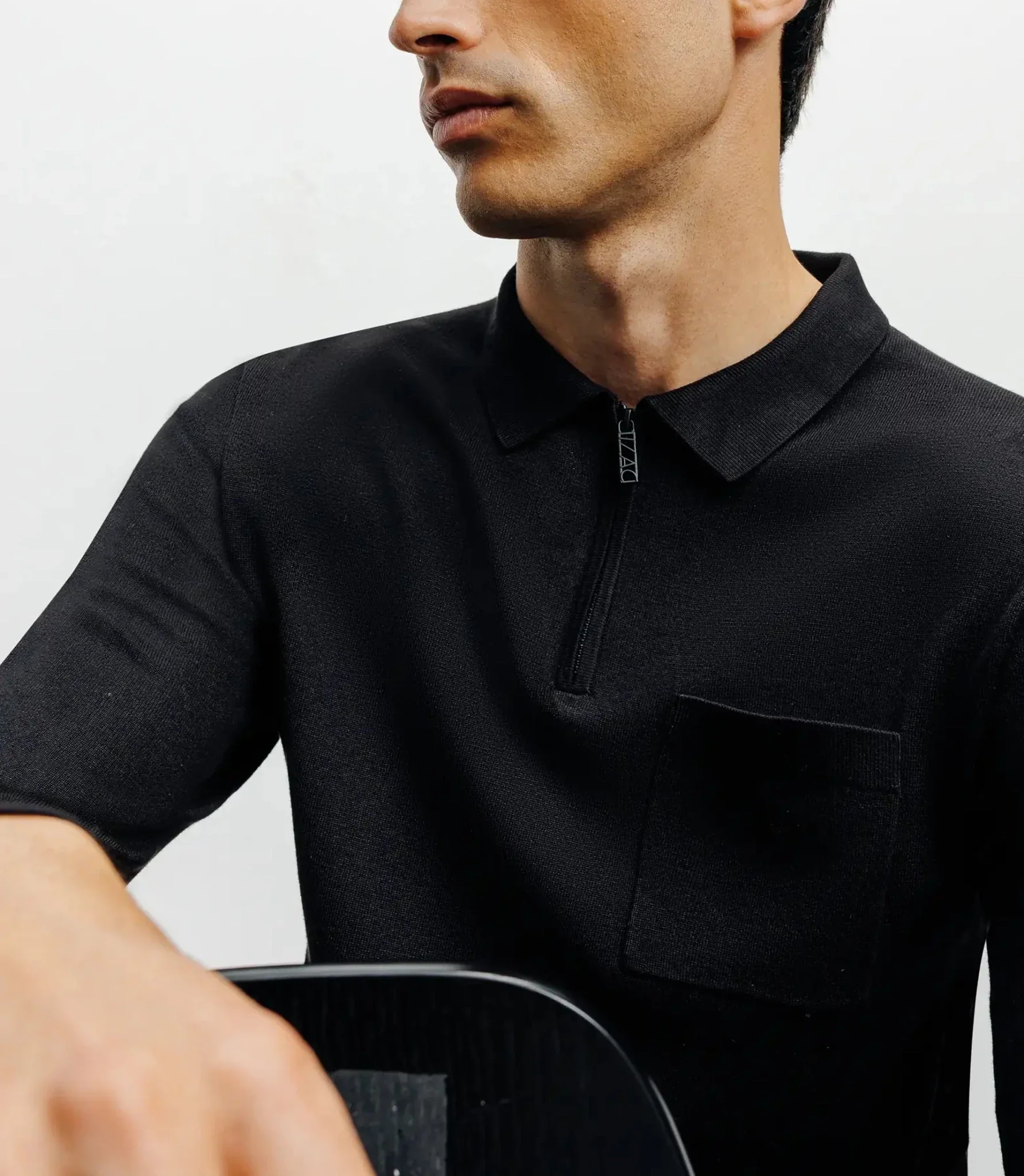 Pull col polo zippé en maille fine noir - Image 2