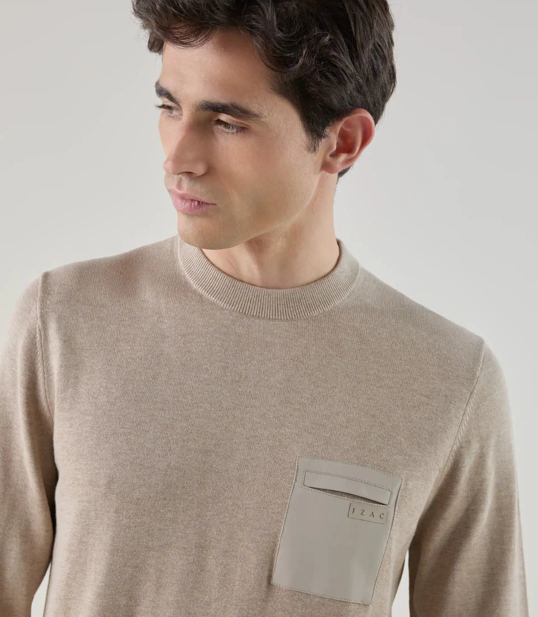 Pull col rond avec poche bi-matière beige - Image 2