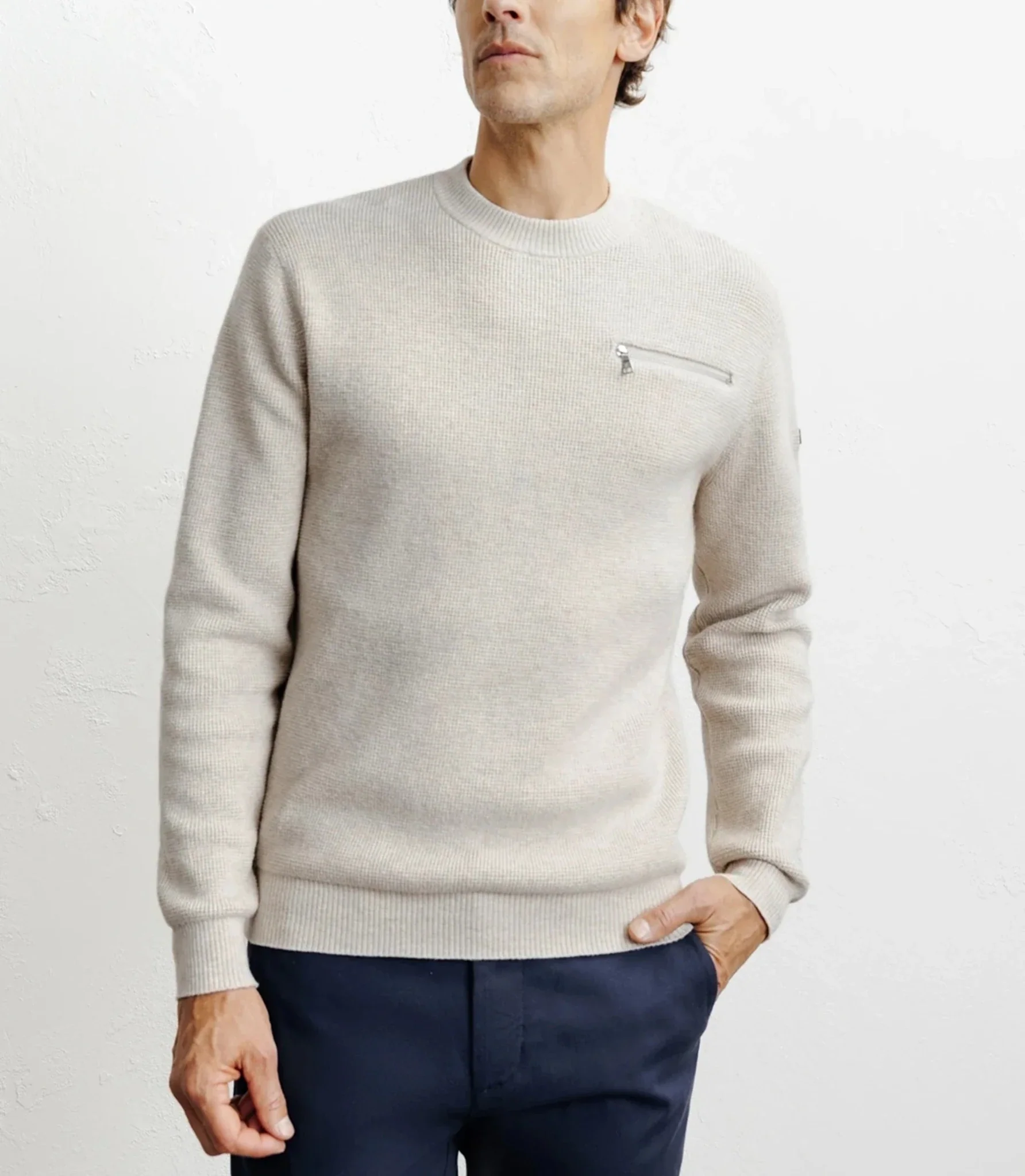Pull col rond beige