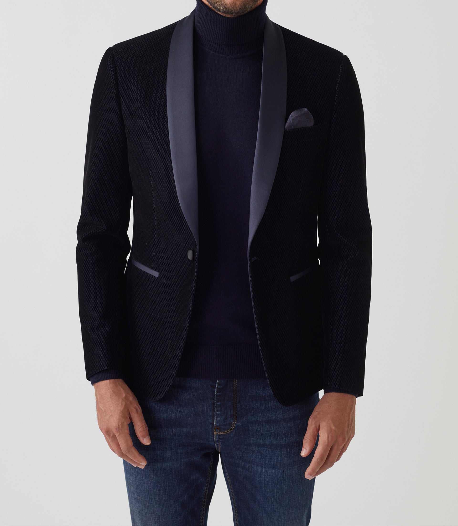 Veste velours col châle satin marine "Voltige" - Image 2